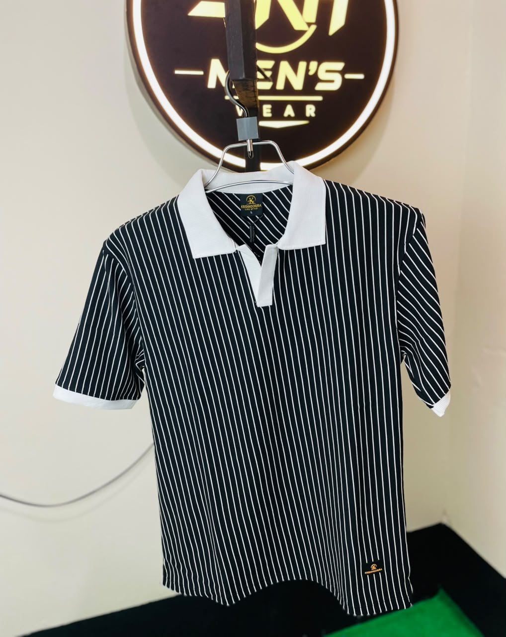 Krishnochura Black & White Striped Polo
